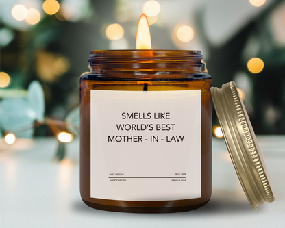 Smells Like World’s Best Mother-in-Law Candle - Funny & Thoughtful Mother-in-Law Gift, Handmade Soy Wax Candle, Birthday, Holiday, Appreciation Gift