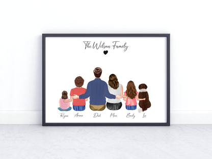 Personalized Family Portrait - Custom Digital Illustration, Family Name Wall Art, Custom Hair & Outfit Design