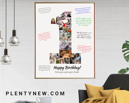 Personalized 1st Birthday Photo Collage with Guestbook Messages - Custom Keepsake Gift