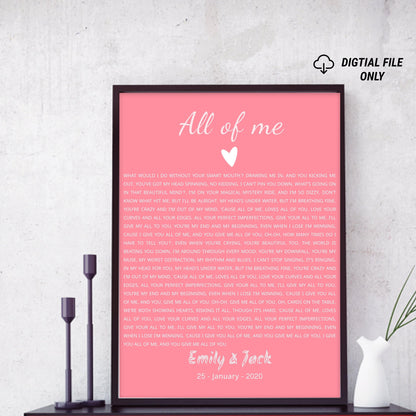 Personalised Song Lyrics Print - Custom Wall Art - For Couples - Husband, Wife, Mum And Dad - First DanceWedding, Anniversary Gifts