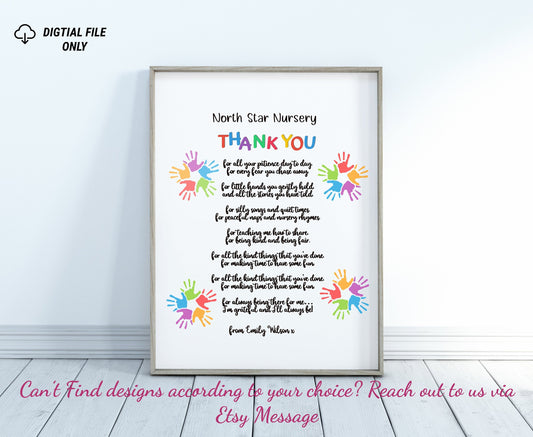 Personalised Thank You Poem Print - Wall Art - Leaving Gifts - For Key Worker, Child Minder, Pre School, Nursery Teacher, Teaching Assistant