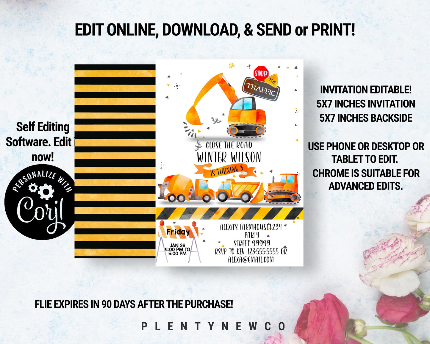 Editable Construction Invitation, Dump Truck Party Invite, Printable template Digital Instant download, Construction Birthday Invitations