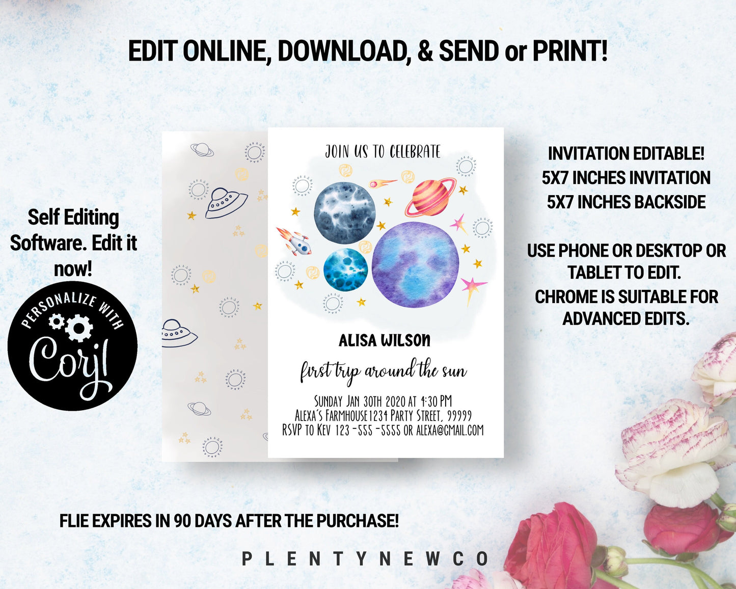 Editable Outer Space First Birthday Invitation SPF
