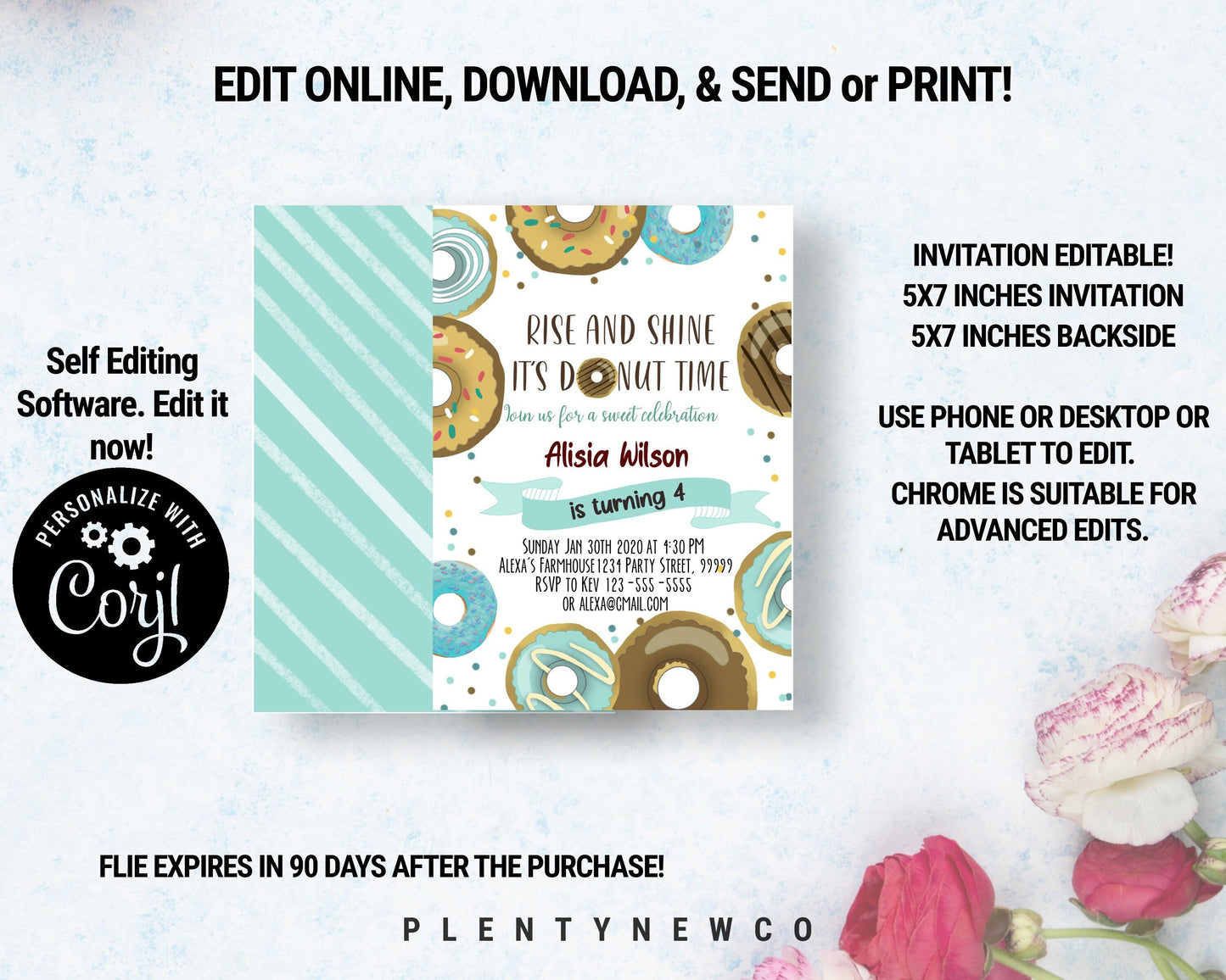 Editable Rise and Shine Donut Time Birthday Invitation