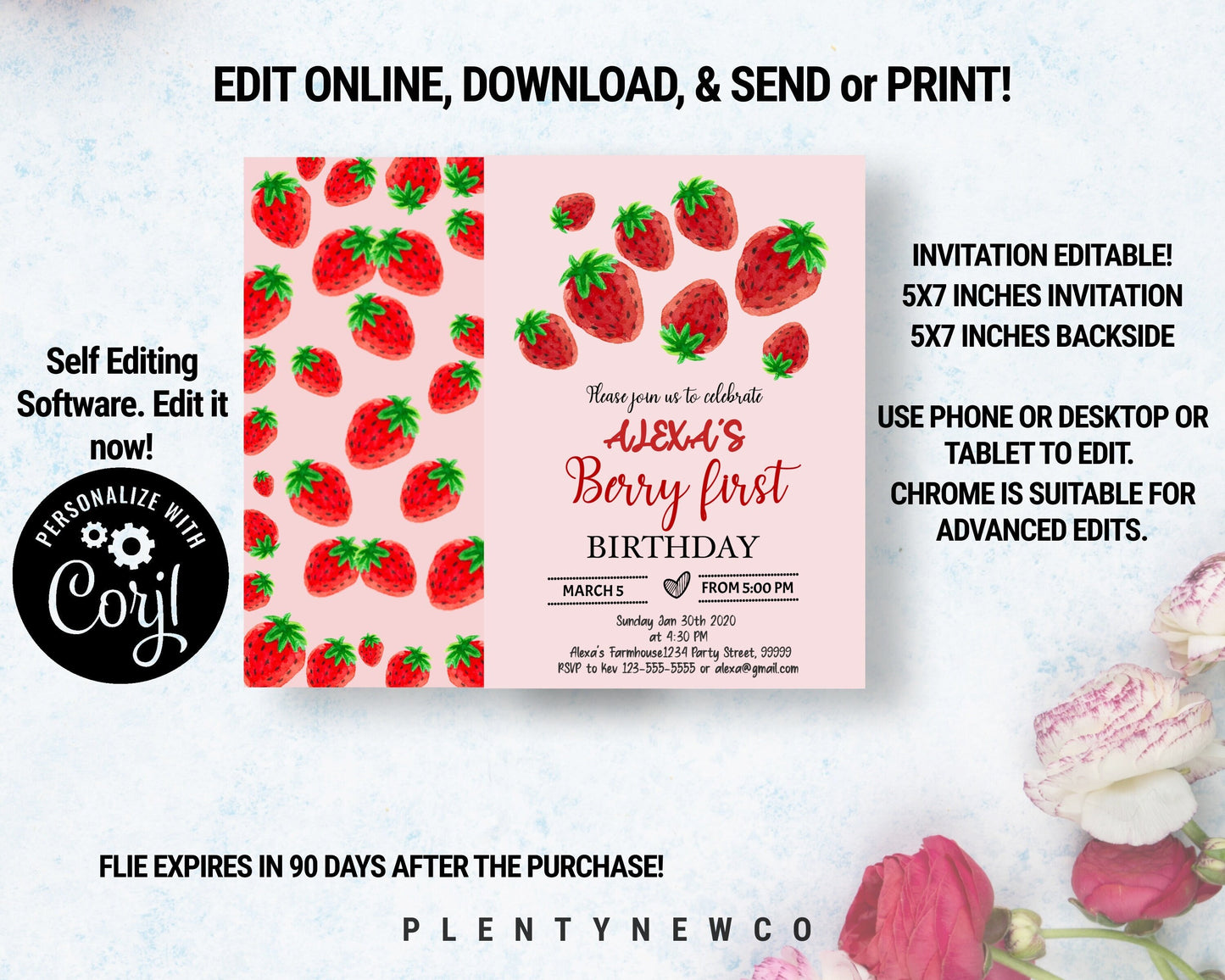 Editable Strawberry Birthday Invitation, SB