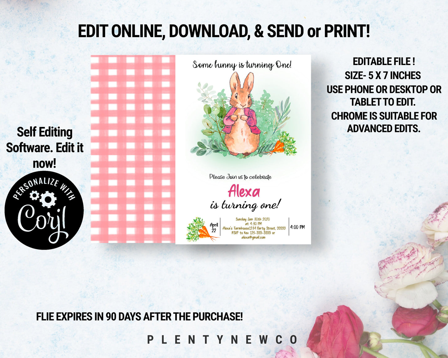 Editable Flopsy Bunny Birthday Invitation Gril Pink Rustic Flopsy Bunny 1st Birthday Invite Watercolor Digital Corjl Template Printable, PR