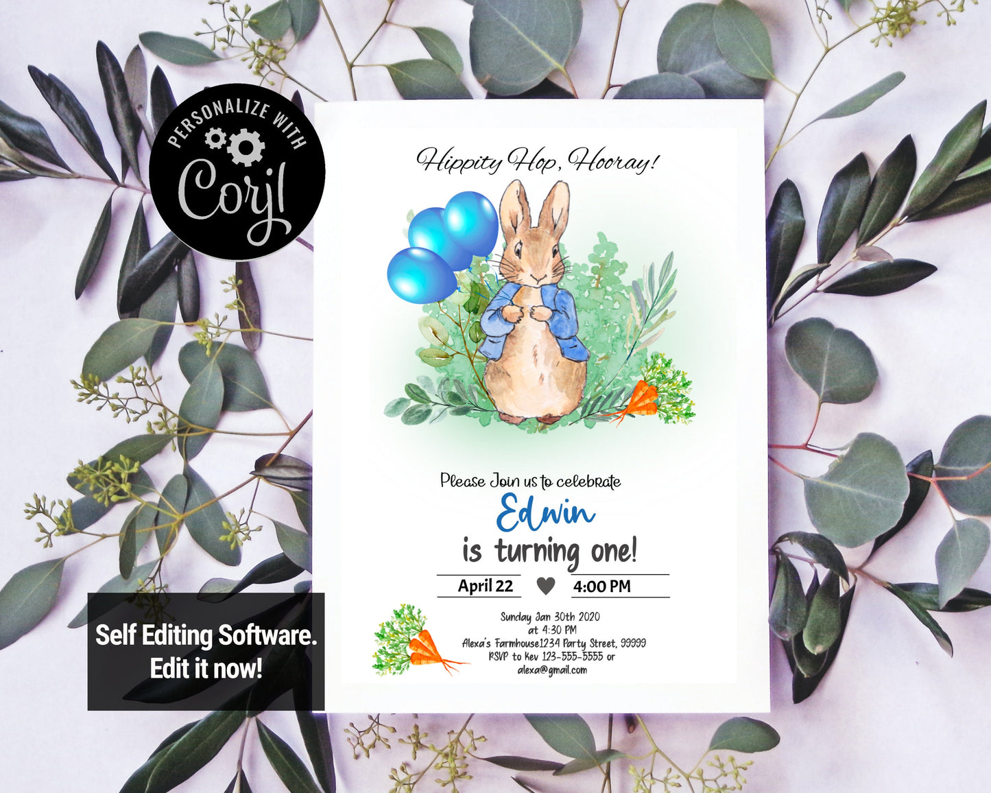 Editable Flopsy Bunny Birthday Invitation, Boy Blue Rustic Flopsy Bunny 1st Birthday Invite Watercolor Digital Corjl Template Printable PR