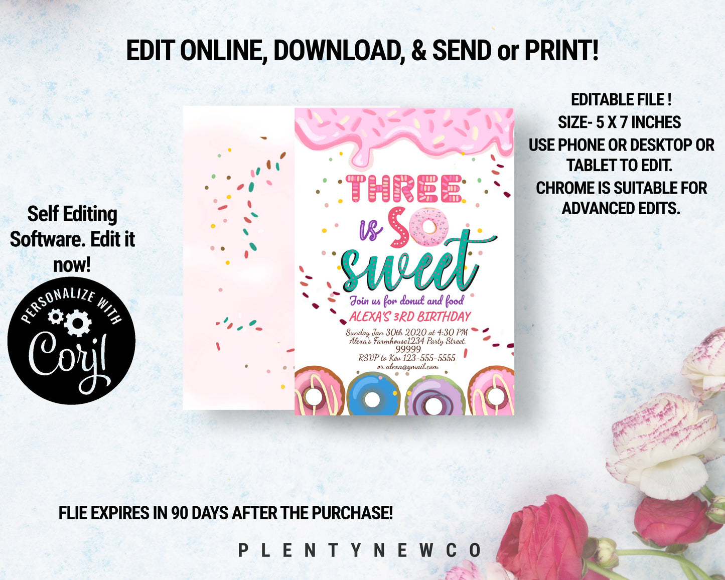 Editable Donut Three Is Sweet Birthday Invitation Girl PF