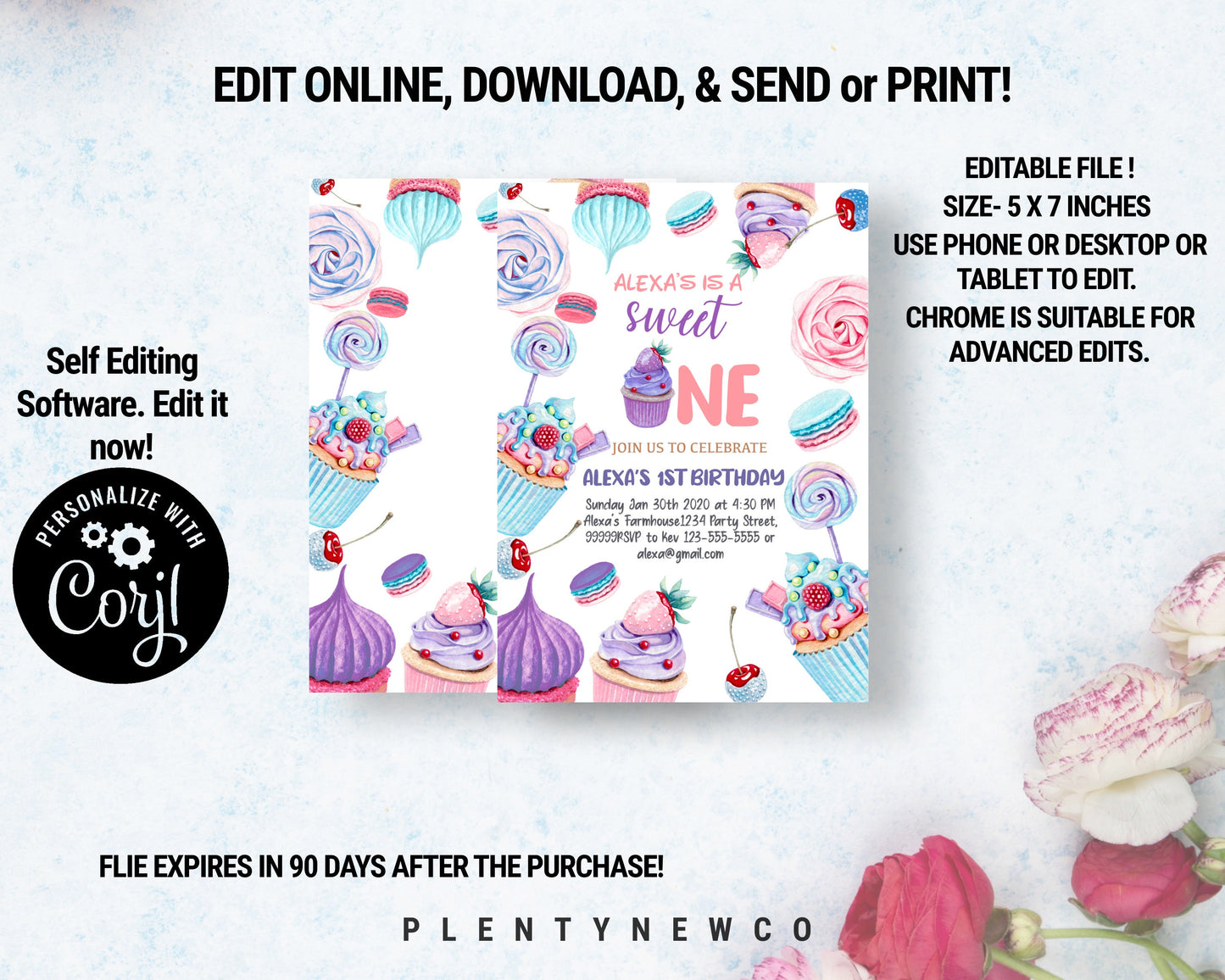 Editable Cupcake Sweet One Birthday Invitation PF