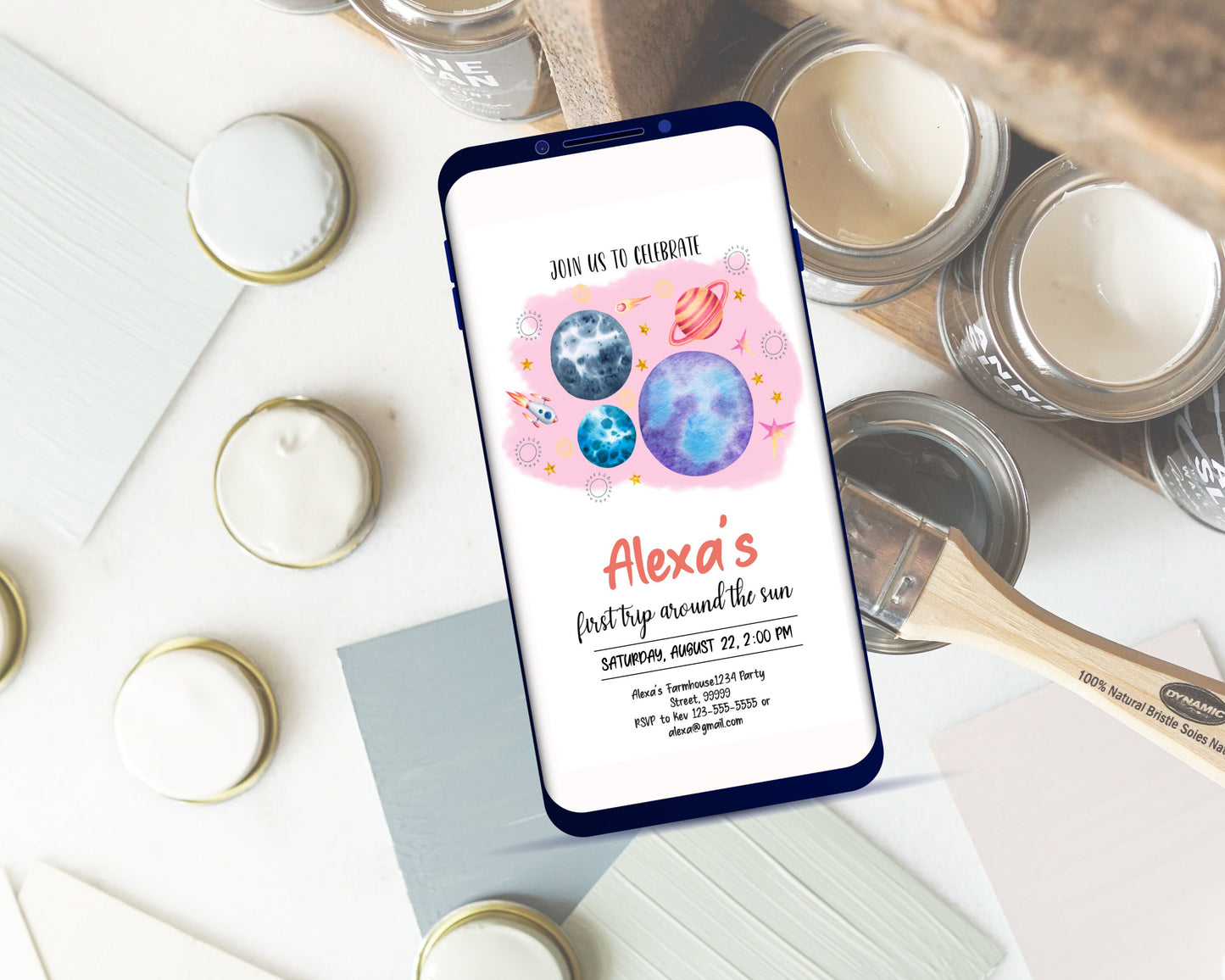 Editable Outer Space First Birthday Evite Galaxy Blast Off First Trip Around the Sun Download Invitation Phone Template Digital Corjl, MT