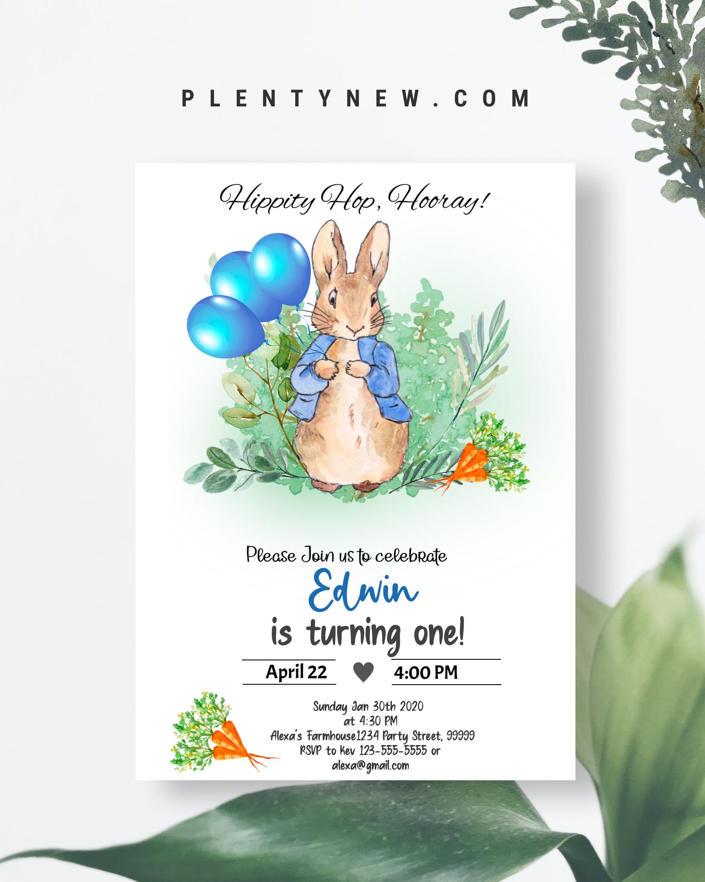 Editable Flopsy Bunny Birthday Invitation, Boy Blue Rustic Flopsy Bunny 1st Birthday Invite Watercolor Digital Corjl Template Printable PR