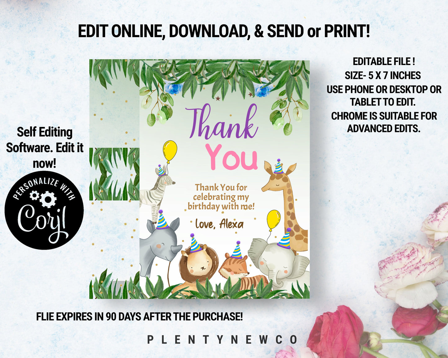Editable Thank You Card Safari Animals Wild One Two Wild Thank You Note Girl Pink Gold Jungle Zoo Party Animals Corjl Template Digital, SF