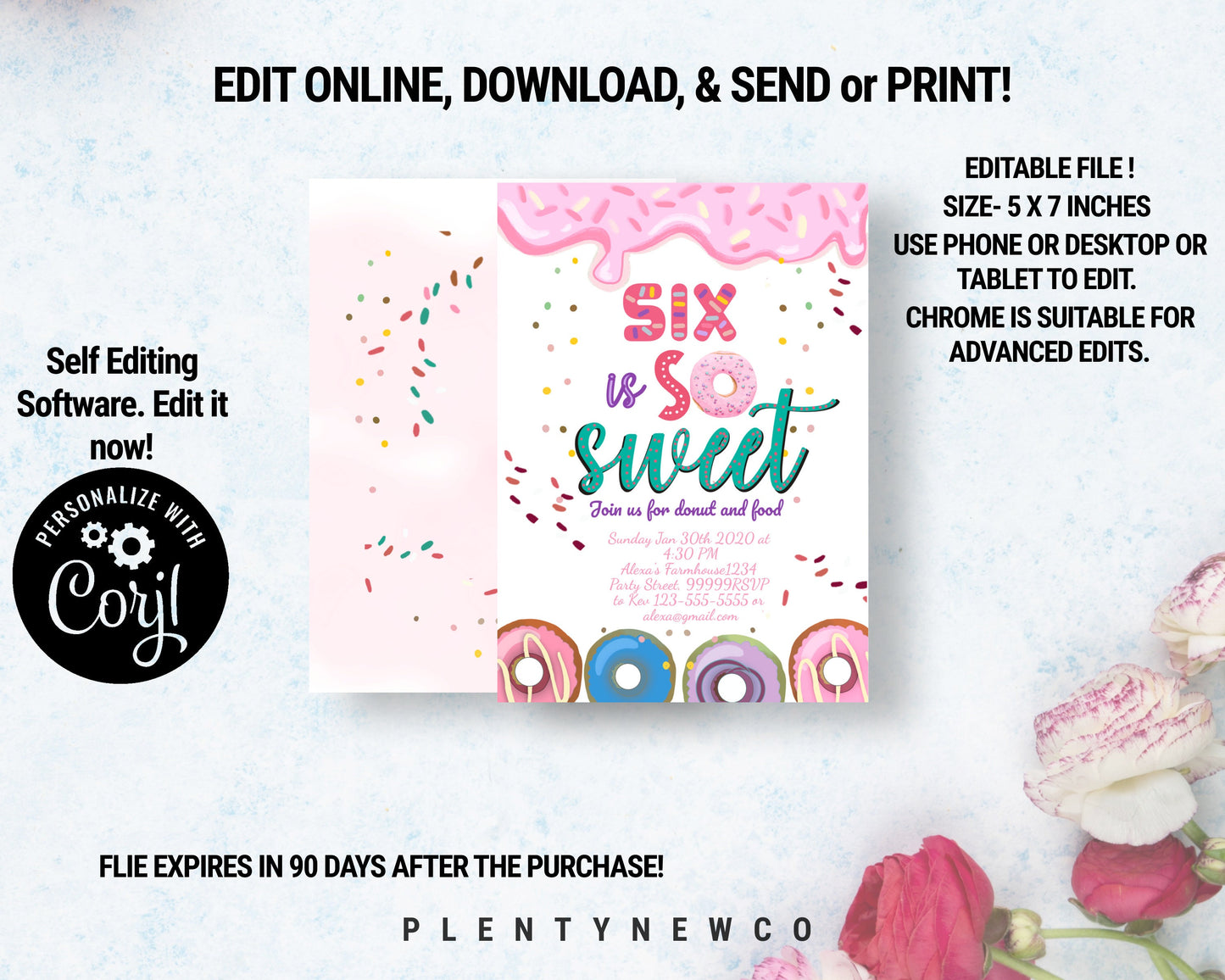 Editable Donut Six Is Sweet Birthday Invitation PFA