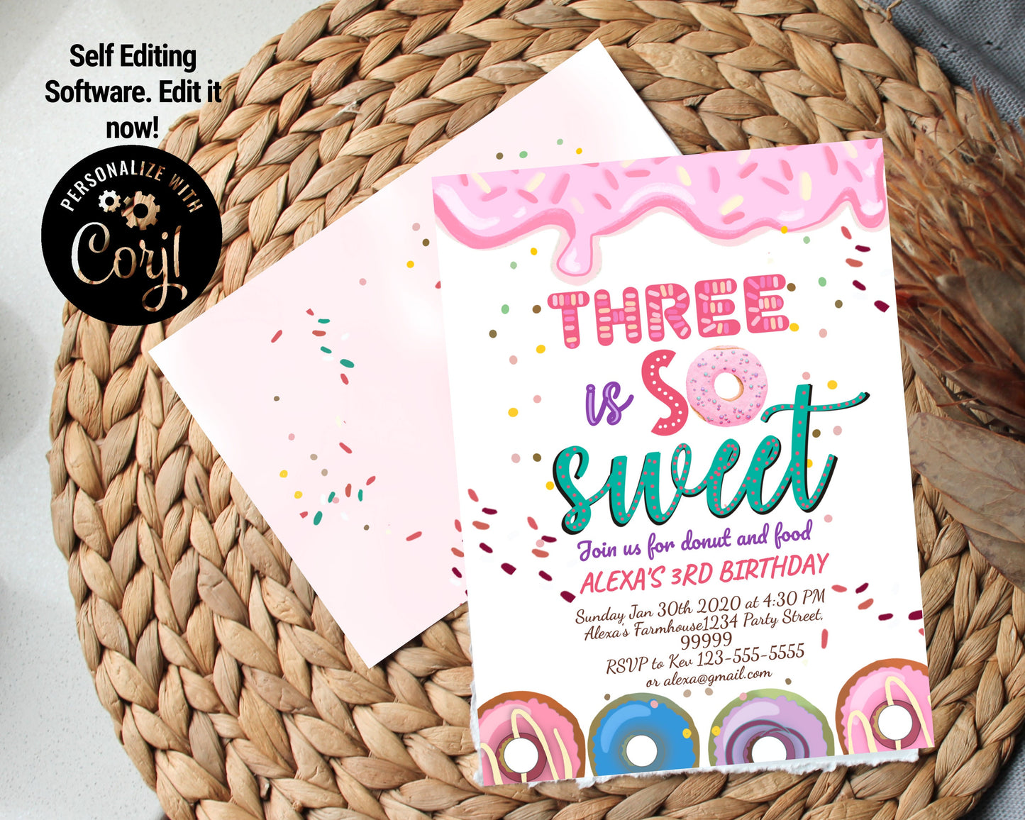 Editable Donut Three Is Sweet Birthday Invitation Girl PF