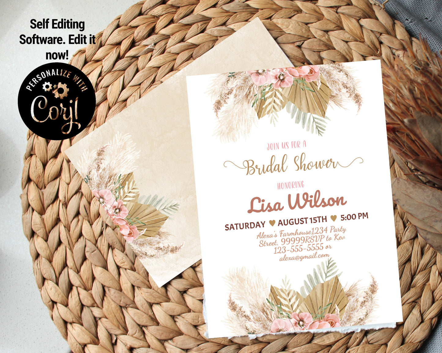 Editable Pampas Grass Bridal Shower Invitation Bohemian Bridal Shower Invite Tropical Desert Floral Pink Floral Boho Digital Download, BH