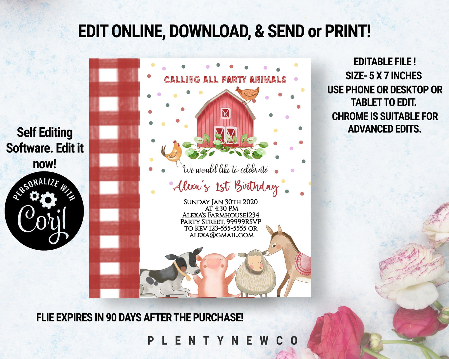 Editable Farm Animals Thank You Card Red Gingham Farm Birthday Boy Barnyard Thank You Card Birthday Corjl Template Instant Download, FM