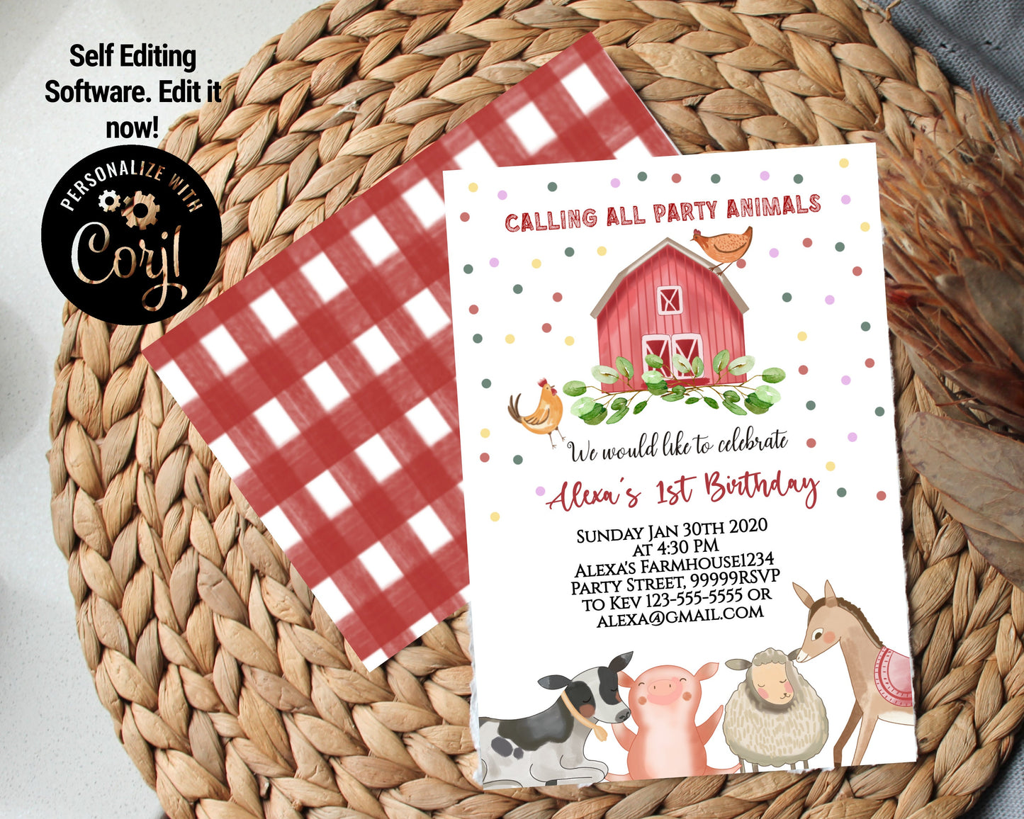 Editable Farm Animals Thank You Card Red Gingham Farm Birthday Boy Barnyard Thank You Card Birthday Corjl Template Instant Download, FM