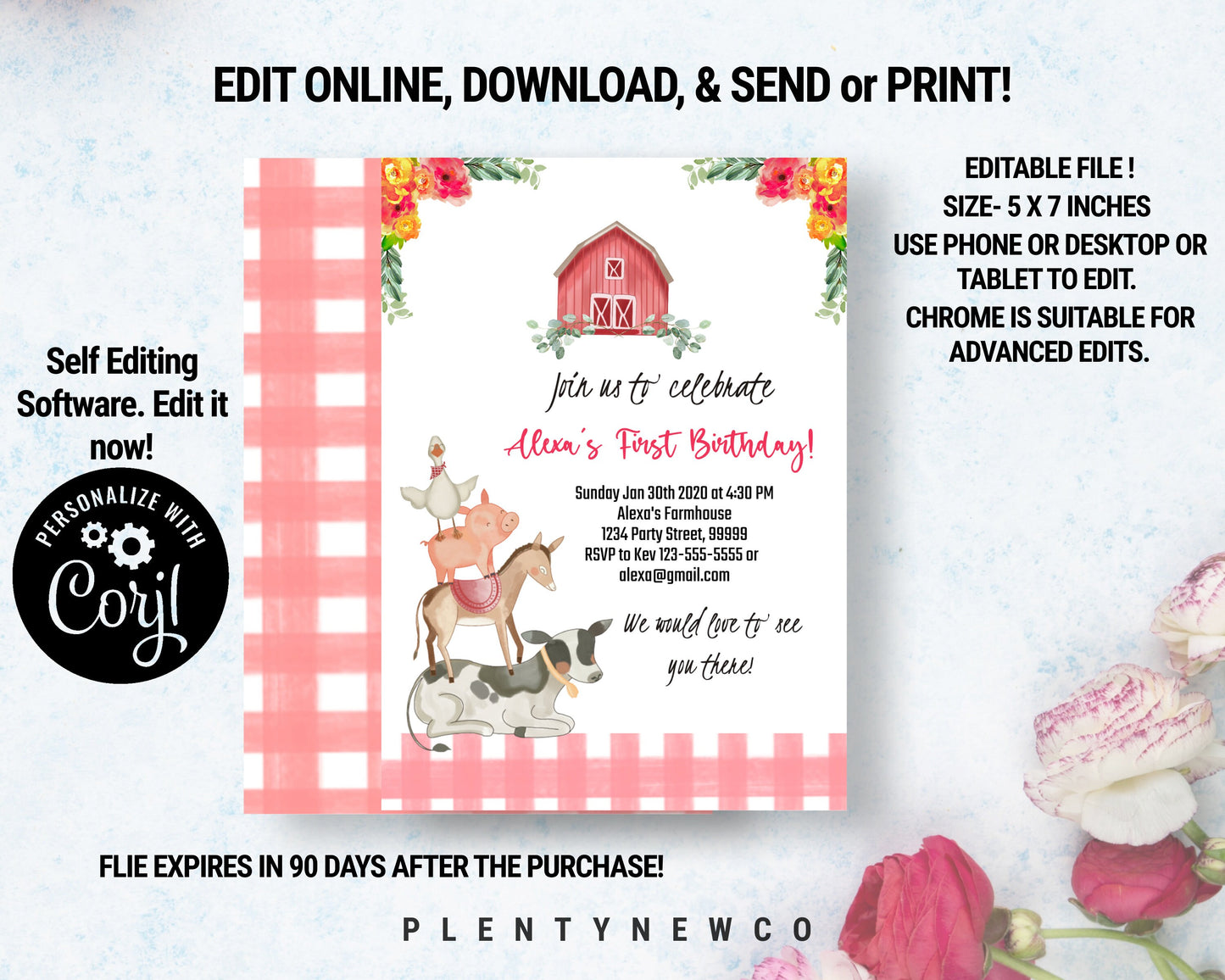 Editable Farm Birthday Invitation Girl Farm Animals Pink Floral Barnyard Party Download Printable Invitation Template Digital Corjl, FM