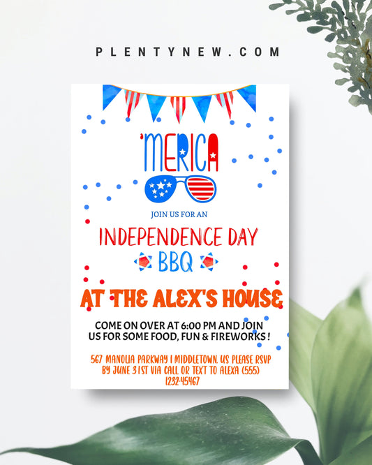 4th of July 'Merica Invitation - Independence Day Patriotic 5x7 & 4x6 inch Invite Editable Template Instant Download PDF, JPG,  FJ
