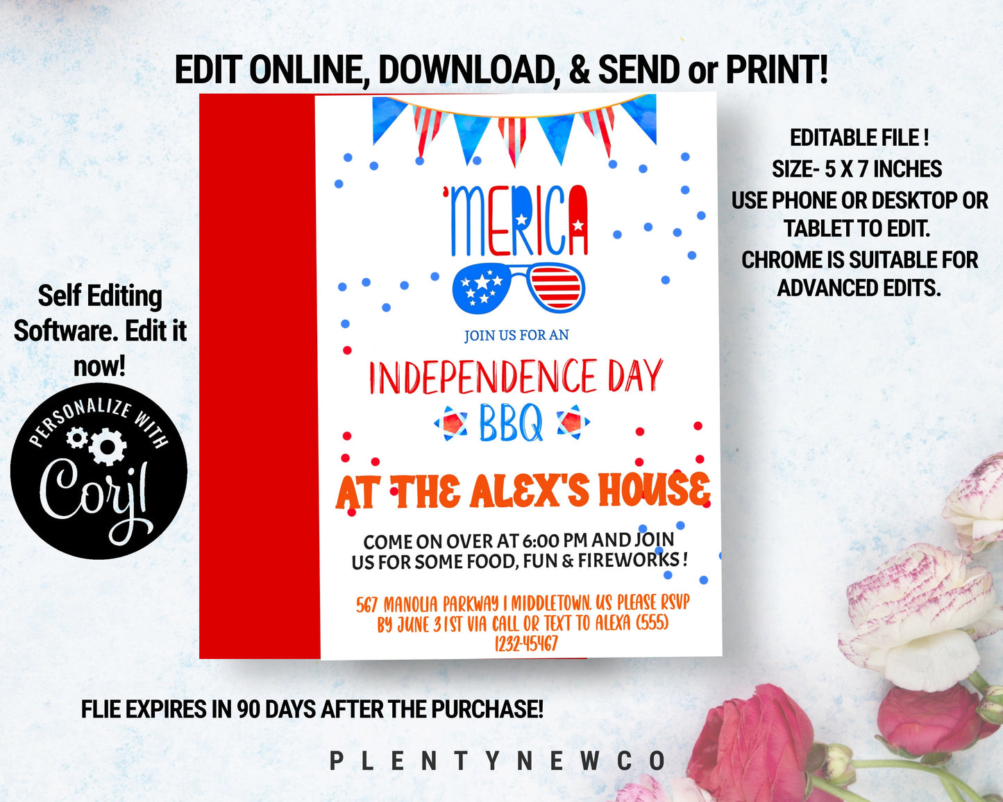 4th of July 'Merica Invitation - Independence Day Patriotic 5x7 & 4x6 inch Invite Editable Template Instant Download PDF, JPG,  FJ