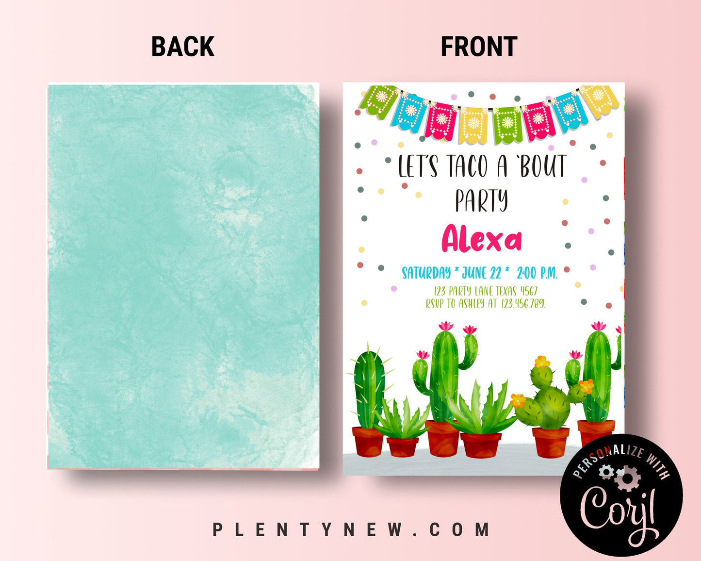Editable Taco Bout a Party Birthday Invitation ANY AGE Fiesta Cactus Succulent 1st First Birthday Mexican Girl Pink Corjl Template, GM