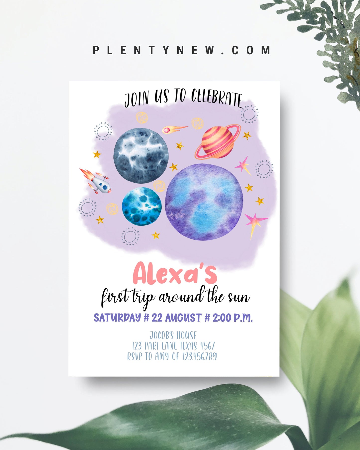 Editable Outer Space Girl First Birthday Invitation Galaxy Blast Off First Trip Around the Sun Pink Download Printable Template Corjl SPF