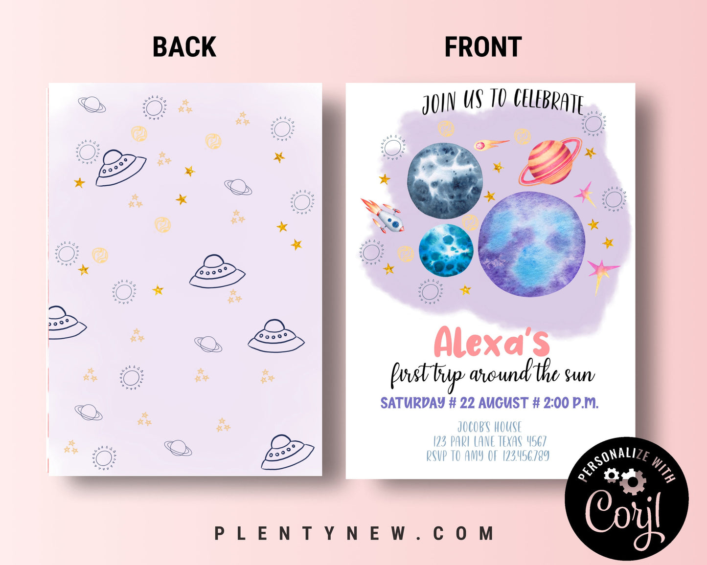 Editable Outer Space Girl First Birthday Invitation SPF