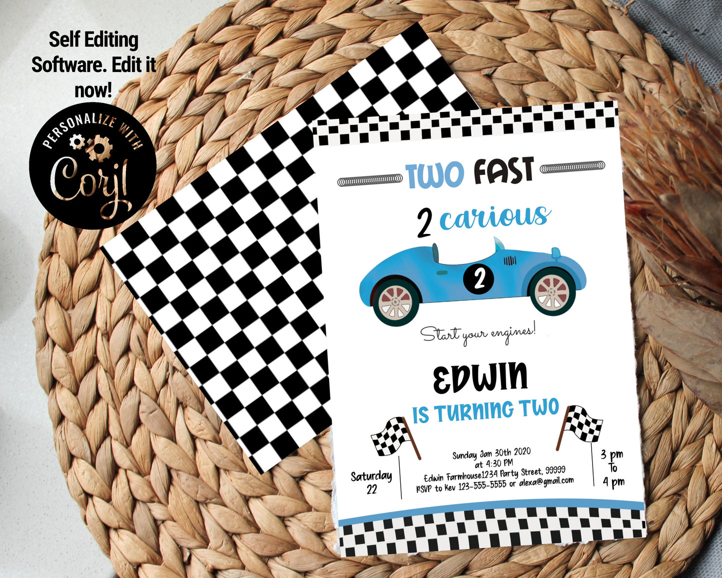 Editable Two Fast Birthday Invitation 2 Curious Party Race Car Second Birthday 2nd Racing Boy Download Printable Template Digital Corjl CT