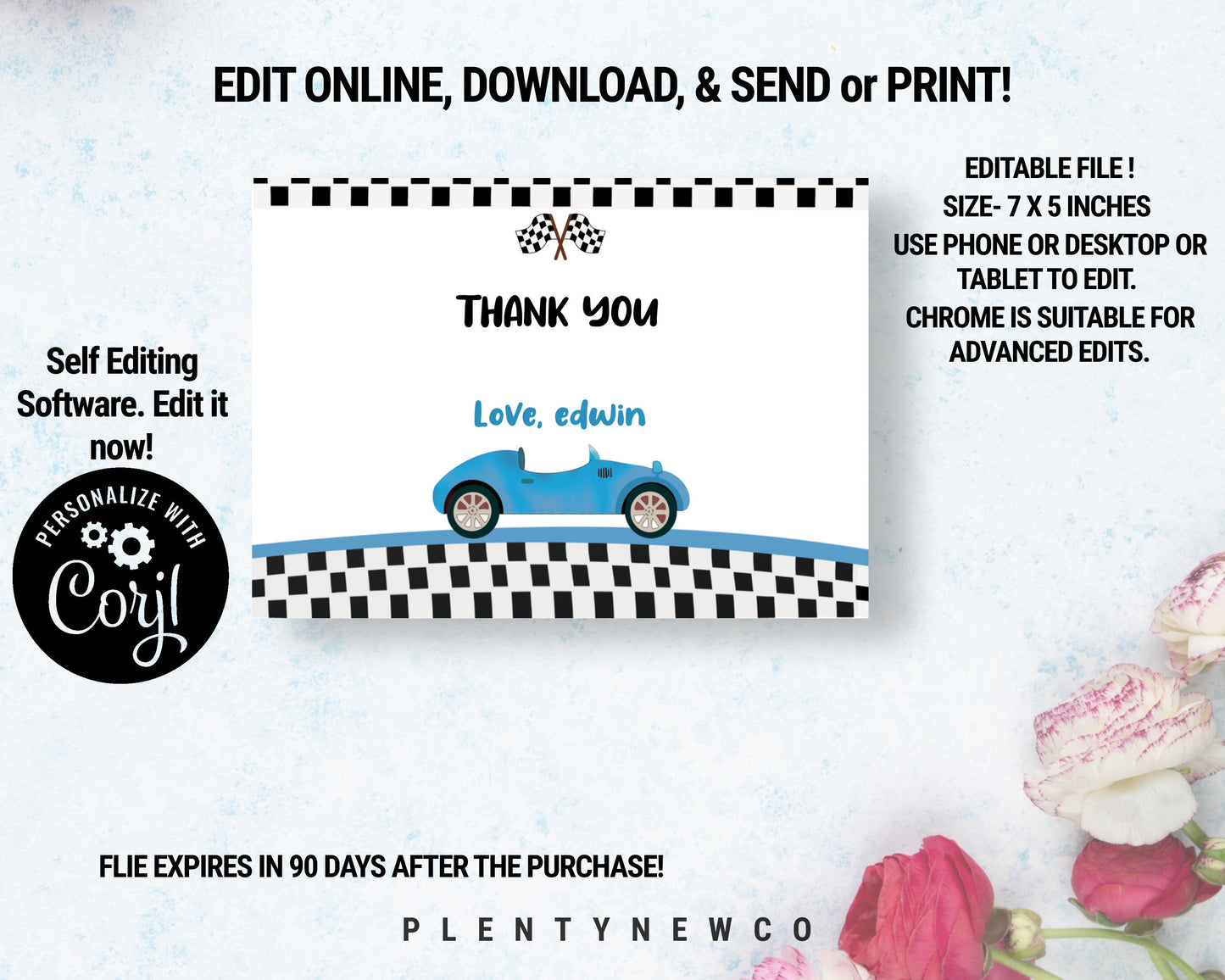 Editable Race Car Thank You Card Two Fast Birthday Boy Red Racing Car Thank You Card Birthday Fast One Template Instant Download Corjl CT
