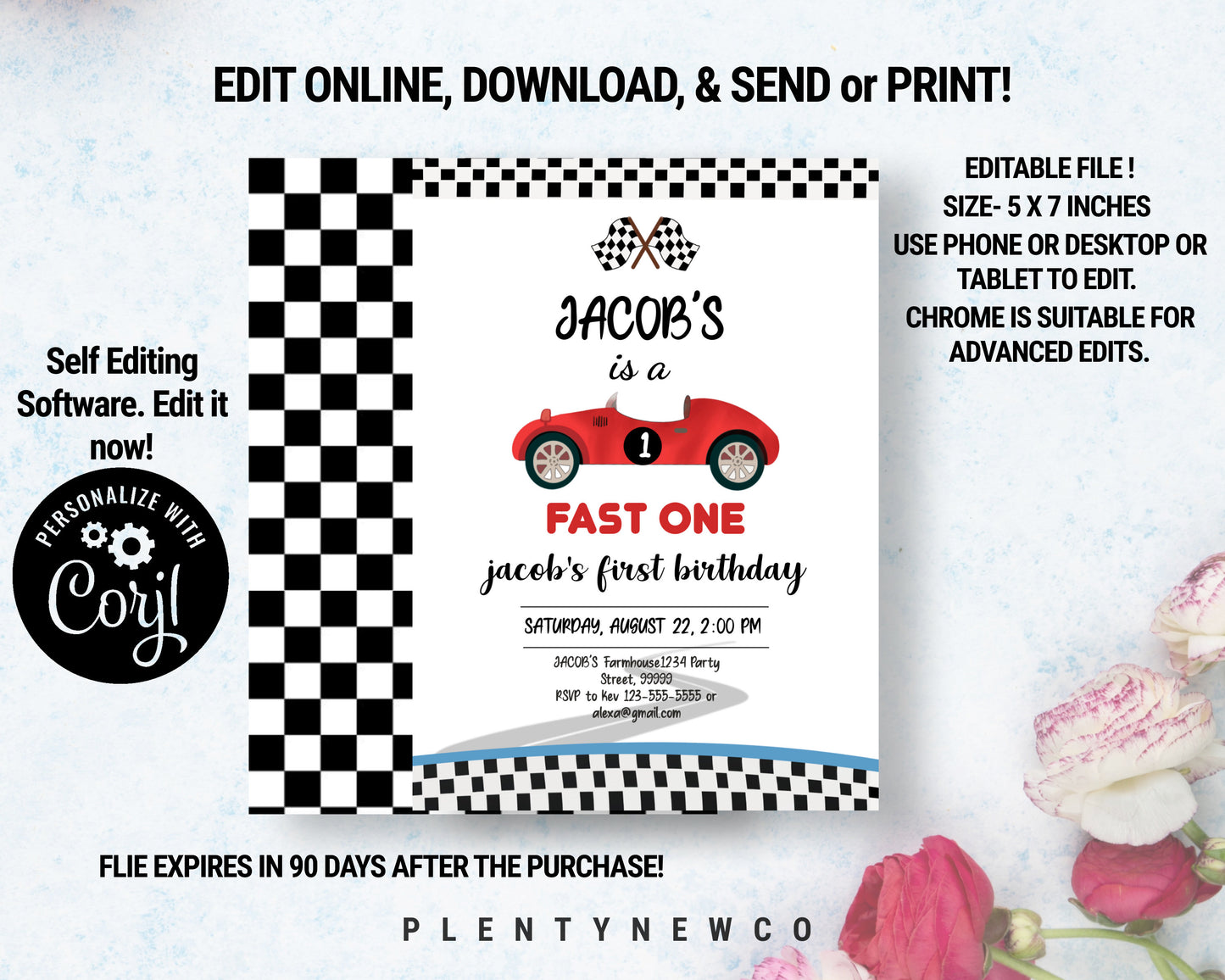 Editable Race Car 1st Birthday Invitation Fast One Invite First Birthday Racing Party Boy Download Printable Template Digital Corjl, CT