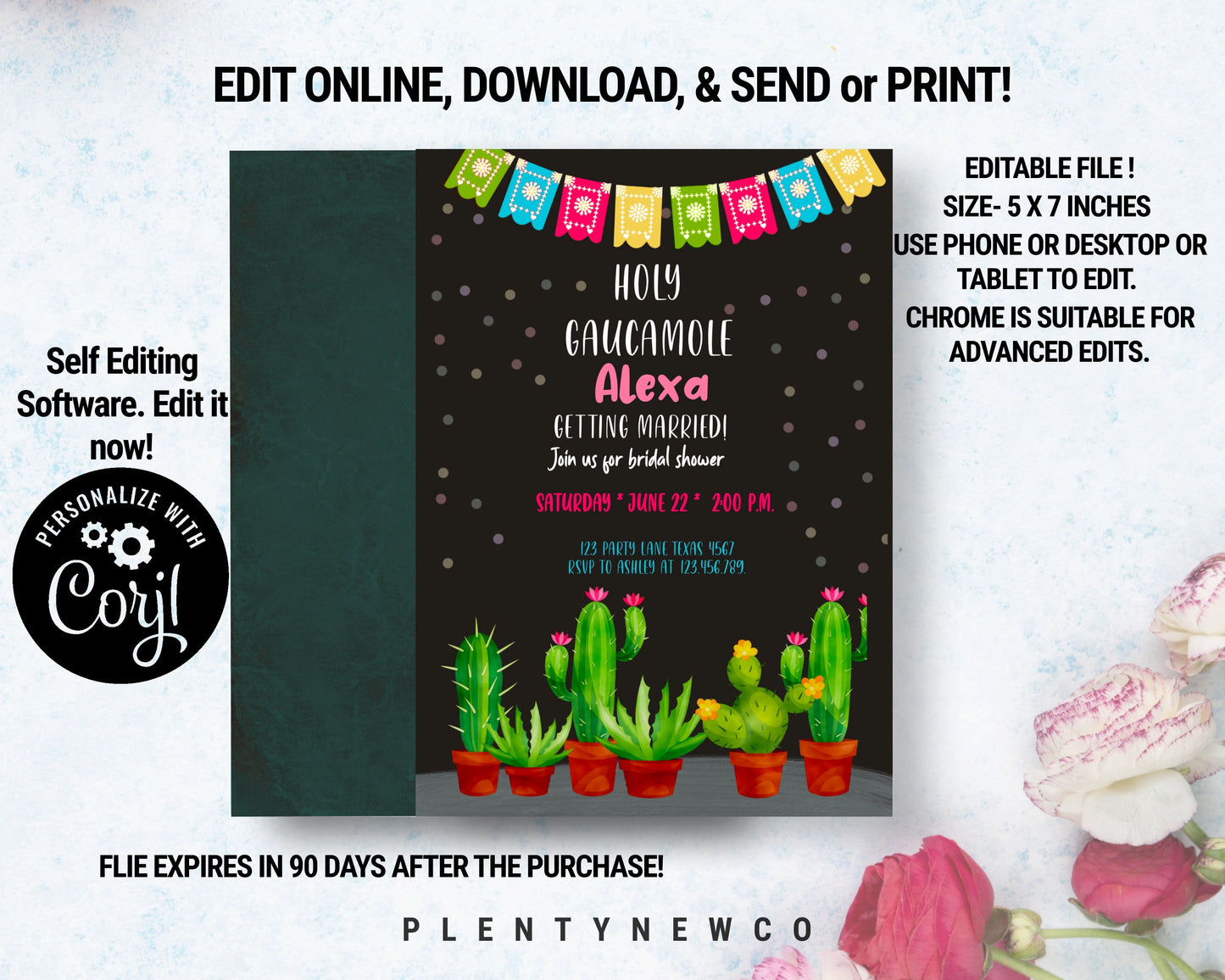 Editable Holy Guacamole Bridal Shower Invitation Fiesta Couples Shower Cactus Succulent Mexican Download Corjl Template Printable Design GM