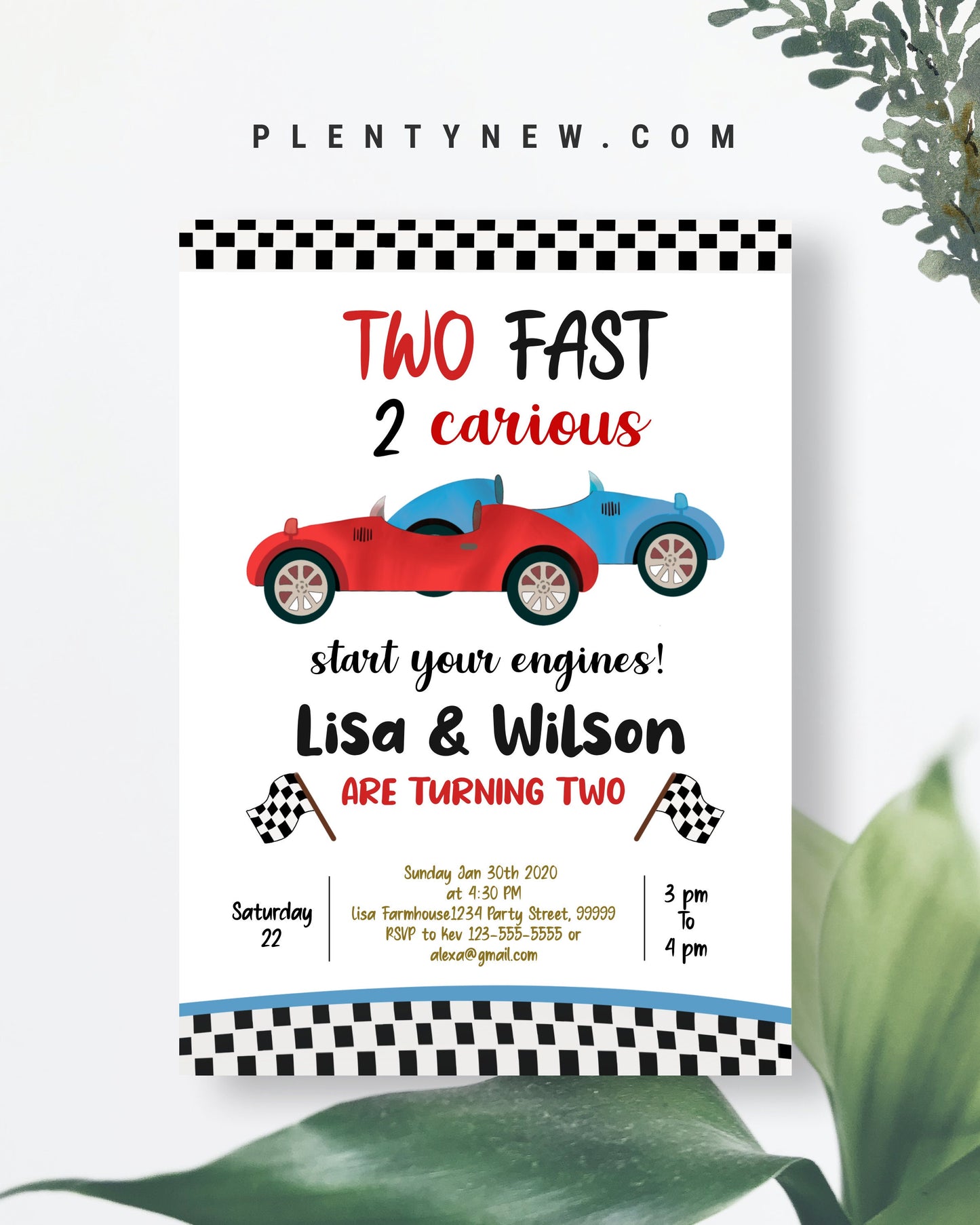 Editable Racing Car Birthday Invitation Growing Up Two Fast Second Birthday 2nd Twin Boys Download Printable Template Digital Corjl CT