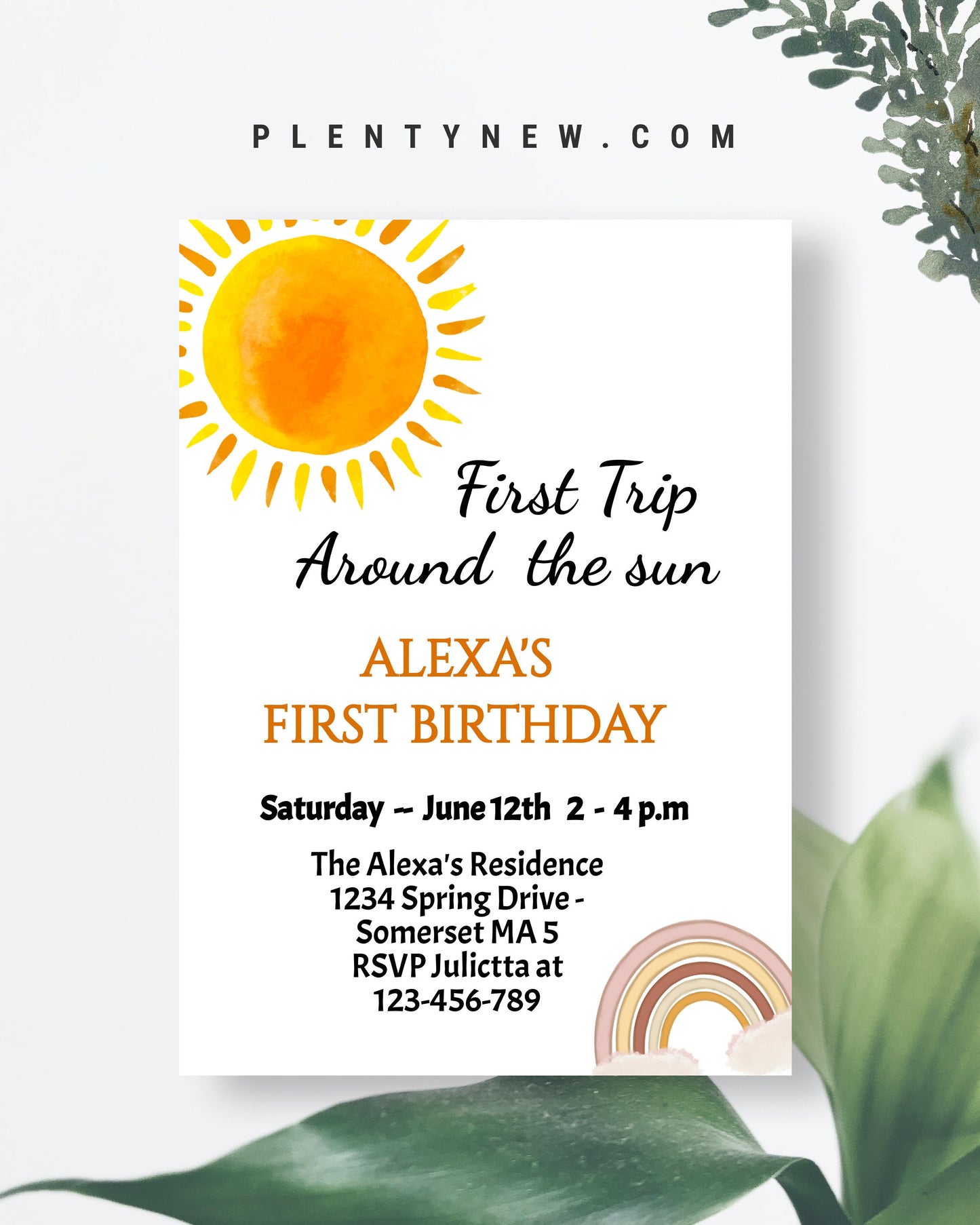 Editable First Trip Around The Sun Birthday Invitation 1st Birthday Sunshine Neutral Boho Download Printable Template Digital Corjl, SN