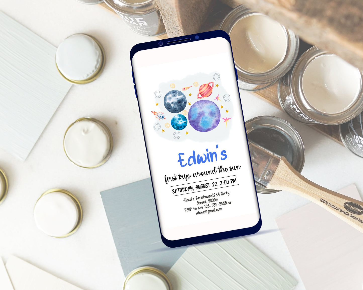 Editable Outer Space First Birthday Evite Galaxy Blast Off First Trip Around the Sun Download Invitation Phone Template Digital Corjl, SPF