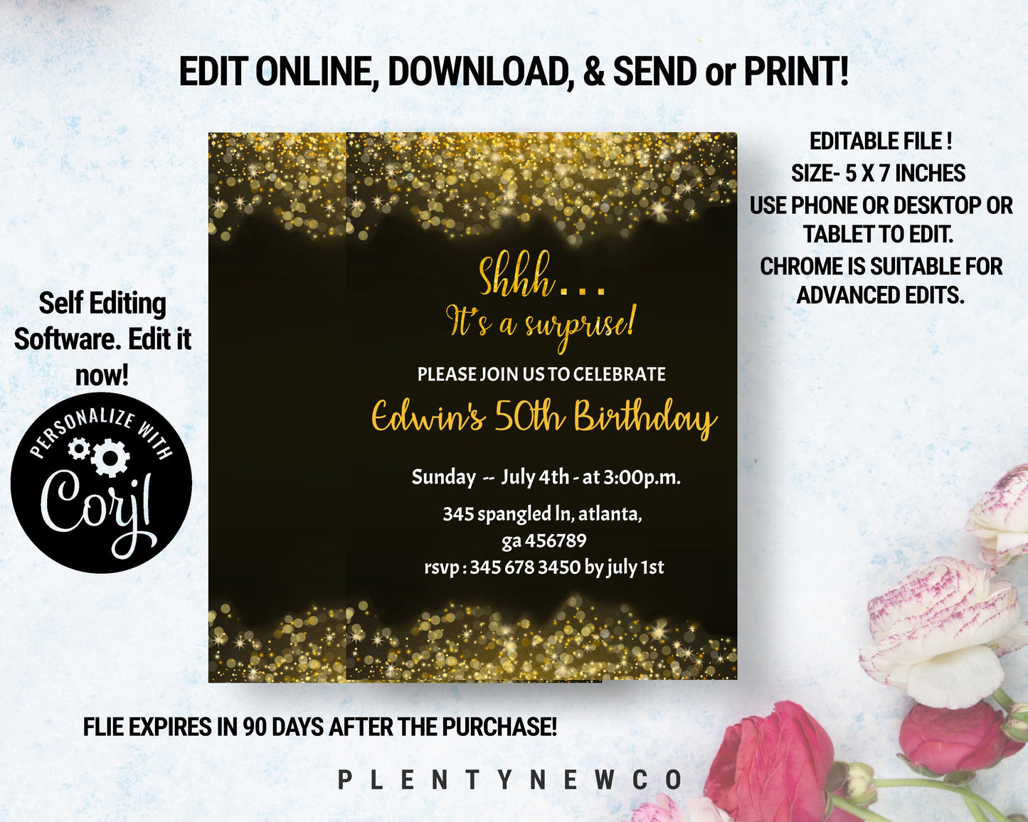 Surprise Birthday Invitation Any Age Gold Black Birthday Invitation Adult Birthday Instant Download Gold Glitter It's a Surprise! Bday, HB