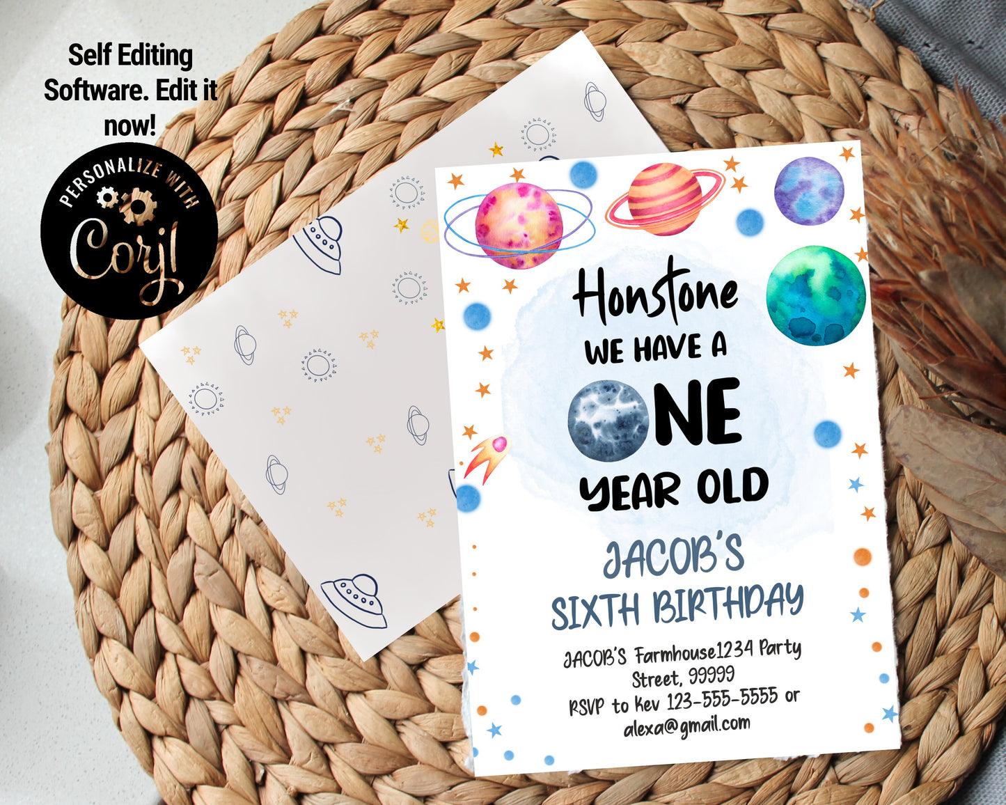Editable Outer Space First Birthday Invitation SPF