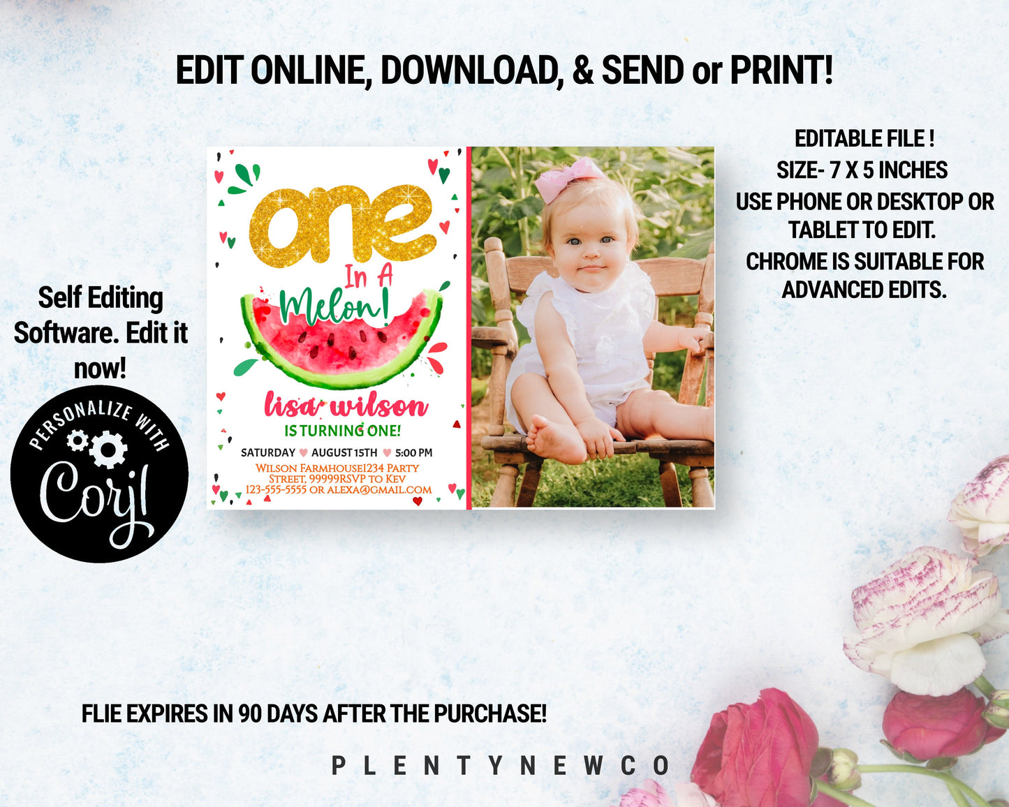 Watermelon Invitation EDITABLE, One in a Melon Birthday Invitations, Pink Watermelon Party 1st Birthday Printable Summer Instant Download WM