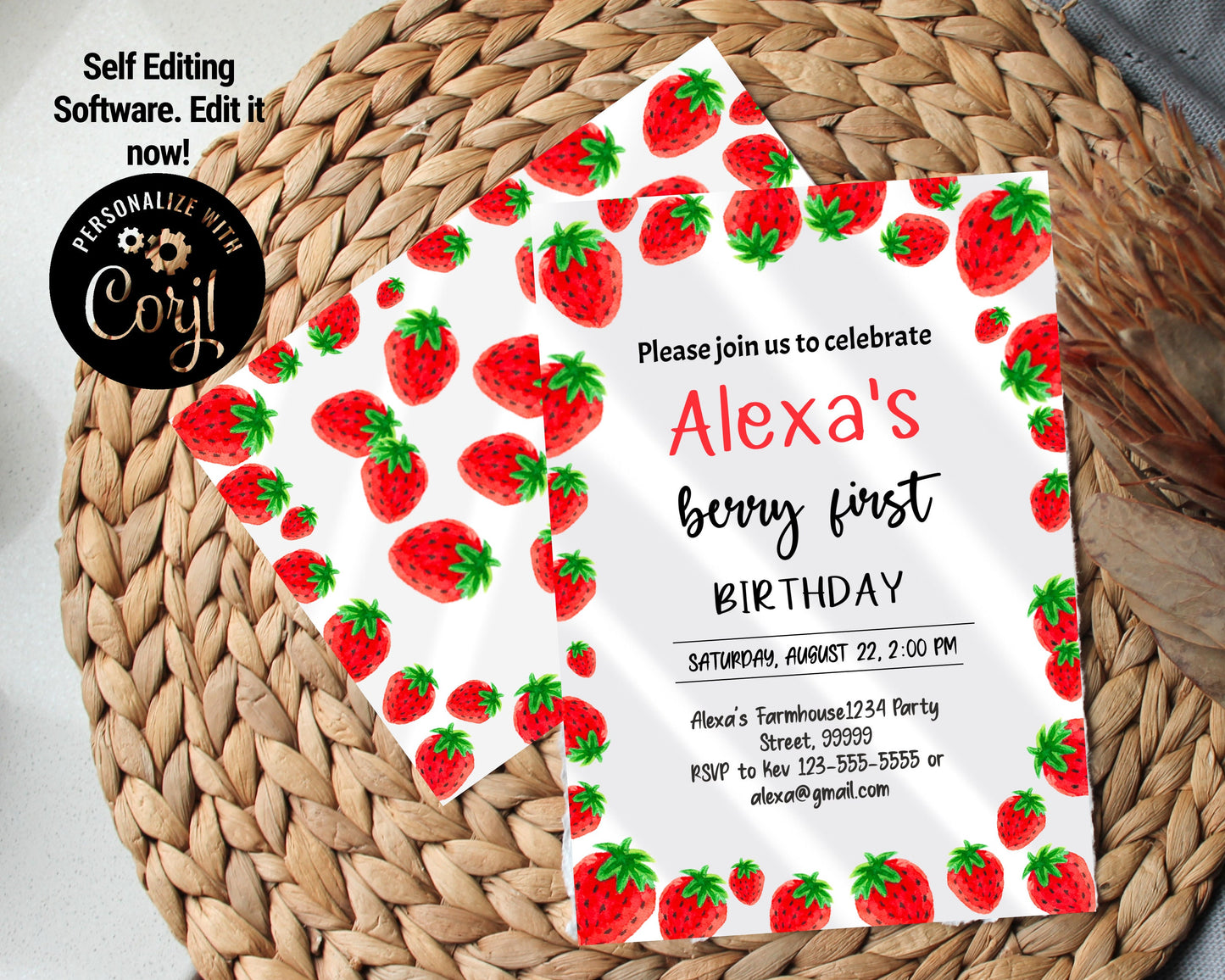 Editable Strawberry Birthday Invitation SB