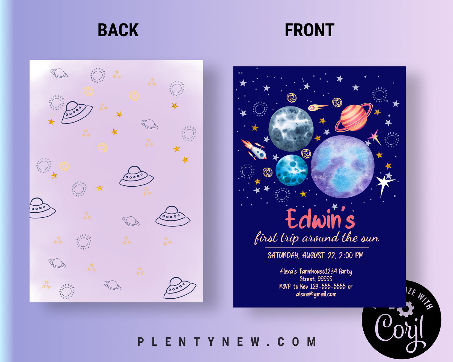 Editable Outer Space Girl First Birthday Invitation SPF