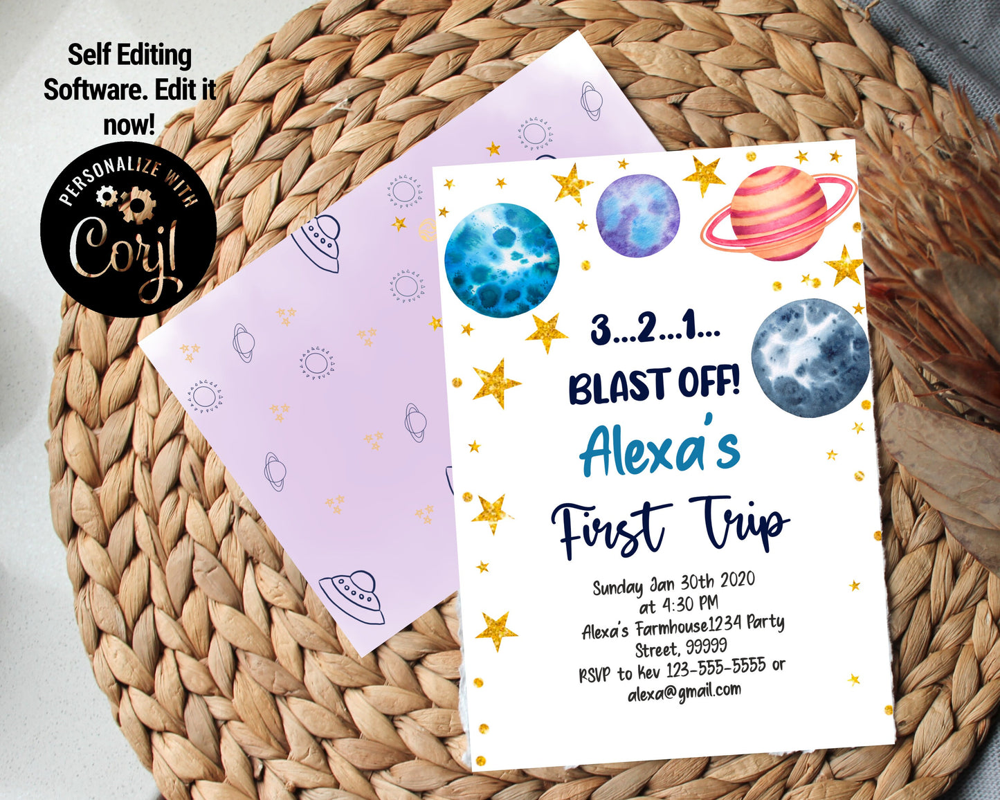 Editable Outer Space First Birthday Invitation Galaxy Blast Off First Trip Around the Sun Download Printable Template Digital Corjl, SPF
