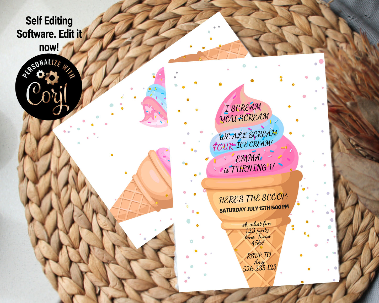 Editable Ice Cream I Scream Birthday Invitation Four Birthday Party 4th Here's the Scoop Cone Pink Mint Gold Purple Corjl Template, LC