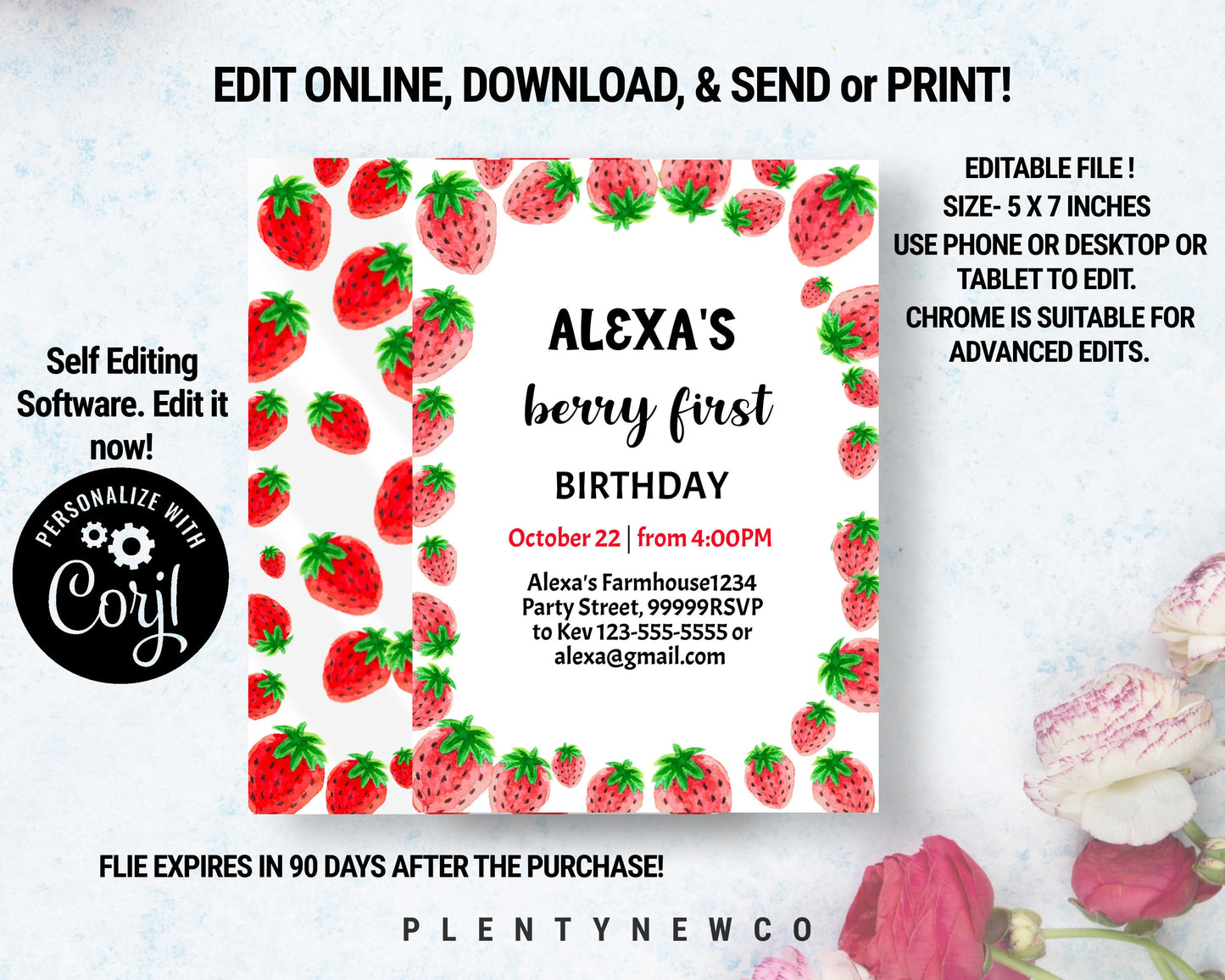 Editable Strawberry Birthday Invitation SB