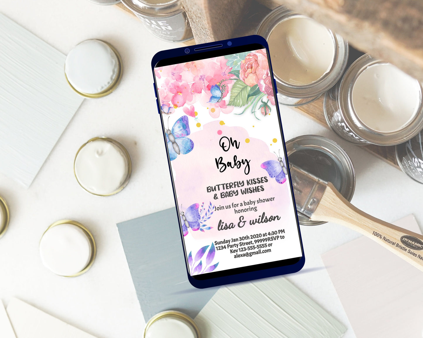Editable Butterfly Baby Shower Evite Purple Butterfly on The Way Invite Floral Pink Gold Girl Phone Download Digital Template Corjl, BU