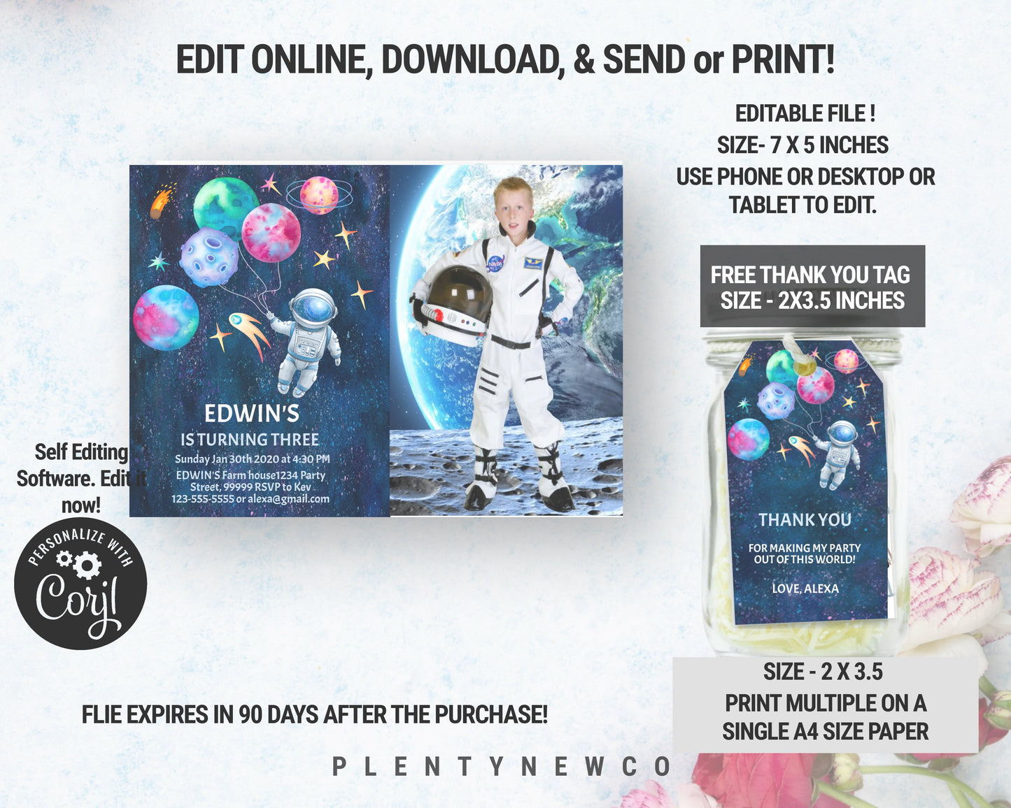 Outer Space Birthday Invitation Template with Photo, Planets Rocket Ship Astronaut Invite Galaxy Blast Off Invitation Editable Invitation SP