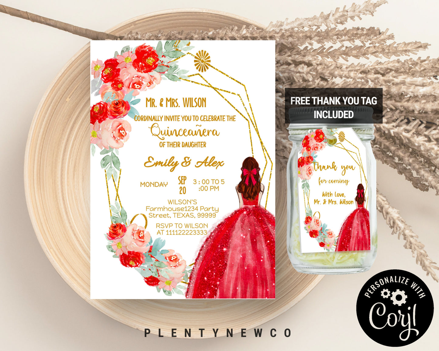 Quinceañera Invitation, EDITABLE Burgundy Red and Gold Party Invite Template, Mis Quince Anos, 15th Birthday Party, Instant Download, QL