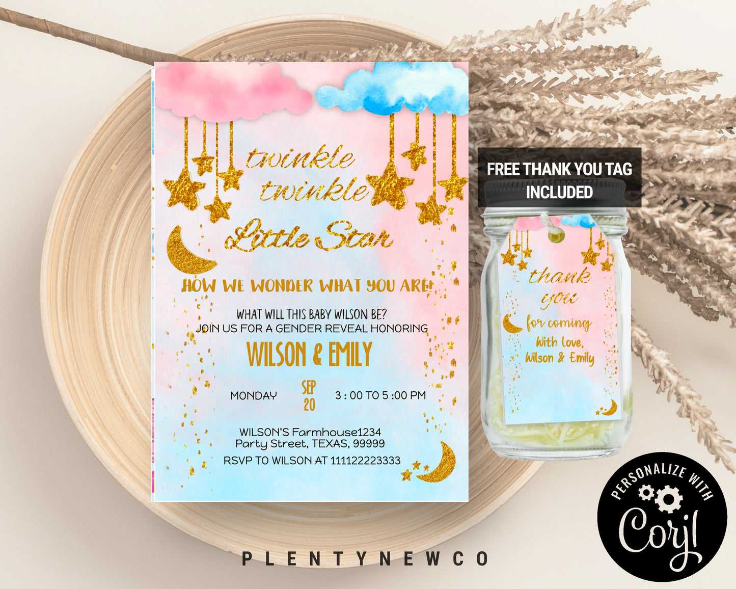 Twinkle Twinkle Little Star Gender Reveal Invitation, Gold Moon and Stars Gender Reveal Party Invite Template, He Or She, Boy Or Girl, , TT
