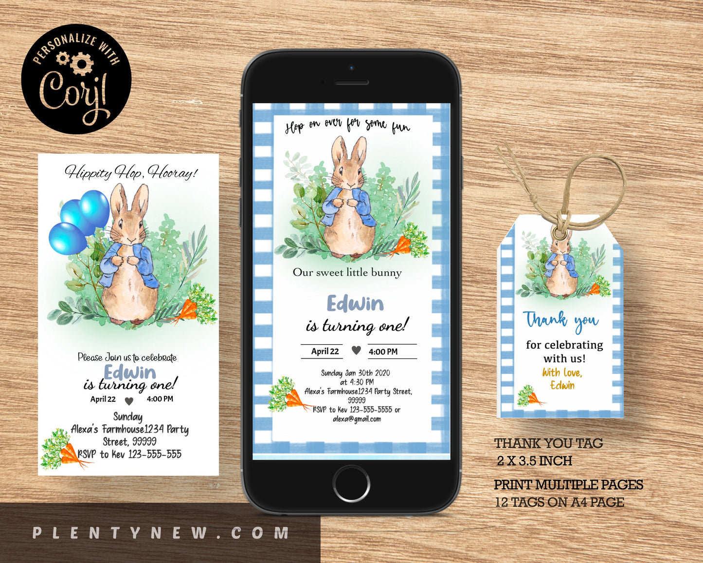Editable Flopsy Rabbit Birthday Evite Electronic Boy Blue Rustic Flopsy Rabbit First Birthday Invitation Hop On Over Corjl Template Phone PR