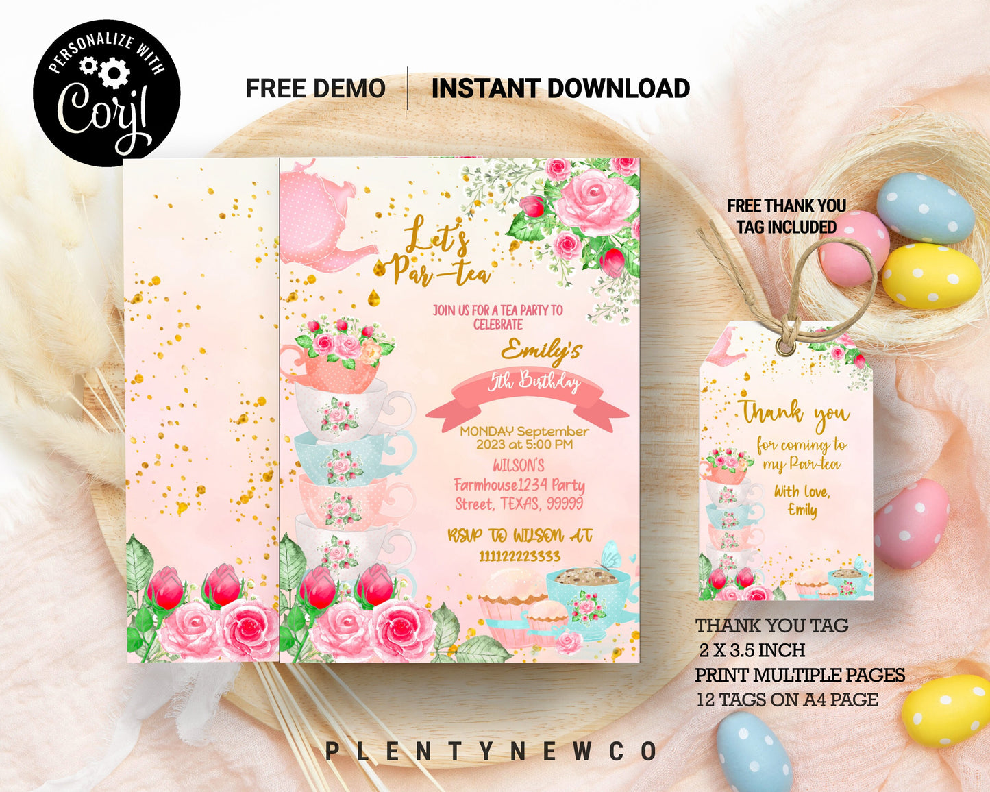 EDITABLE Tea Party Birthday Invitation, Pink and Gold Par-tea Invite Template, High Tea Floral, Instant Download, Whimsical Tea Party,, TL