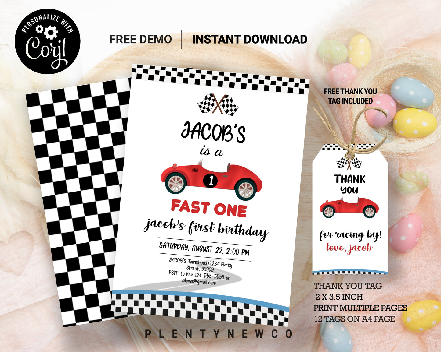 Editable Race Car 1st Birthday Invitation Fast One Invite First Birthday Racing Party Boy Download Printable Template Digital Corjl, CT