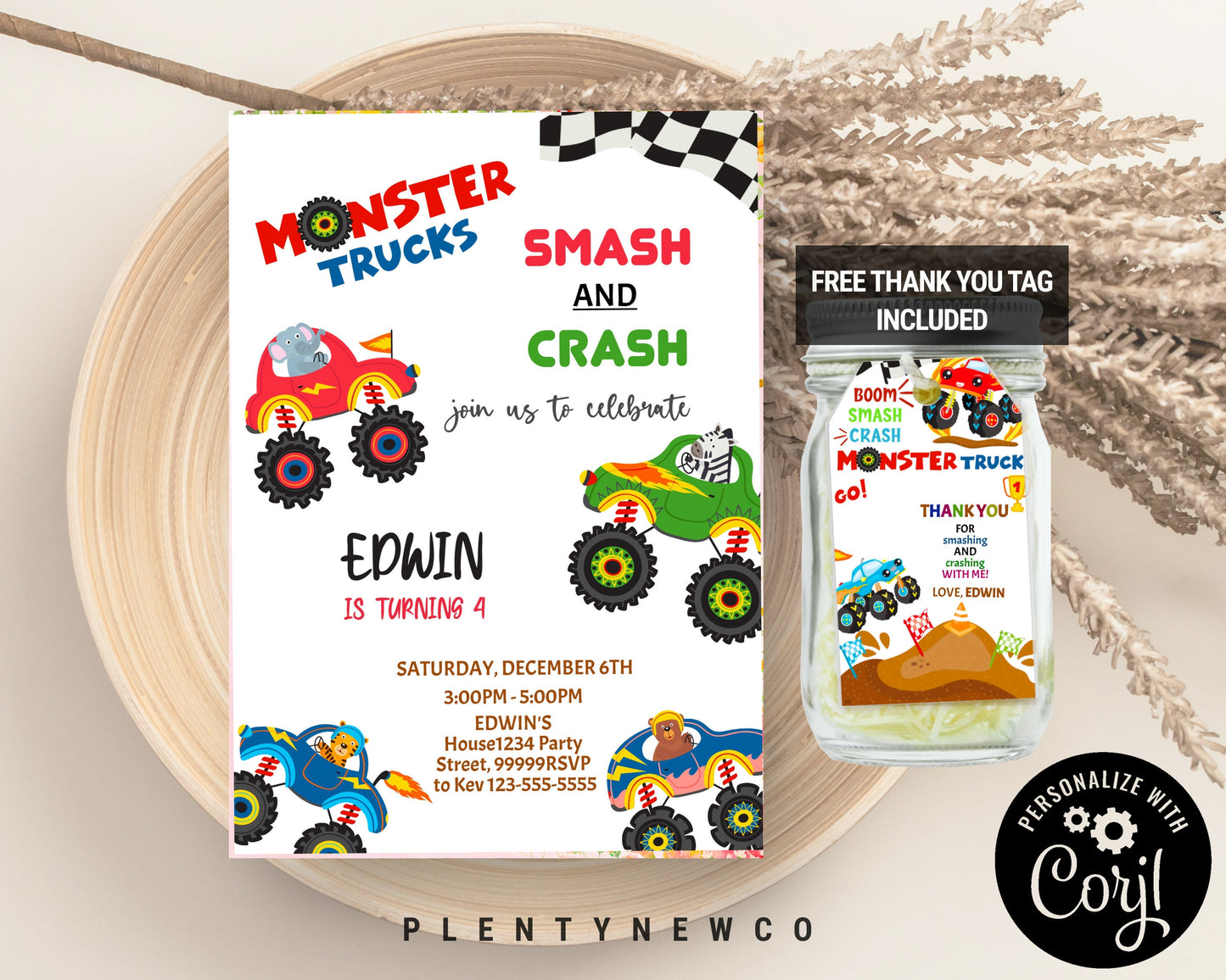 Monster Truck Rally 3rd Birthday Party Invitation MT